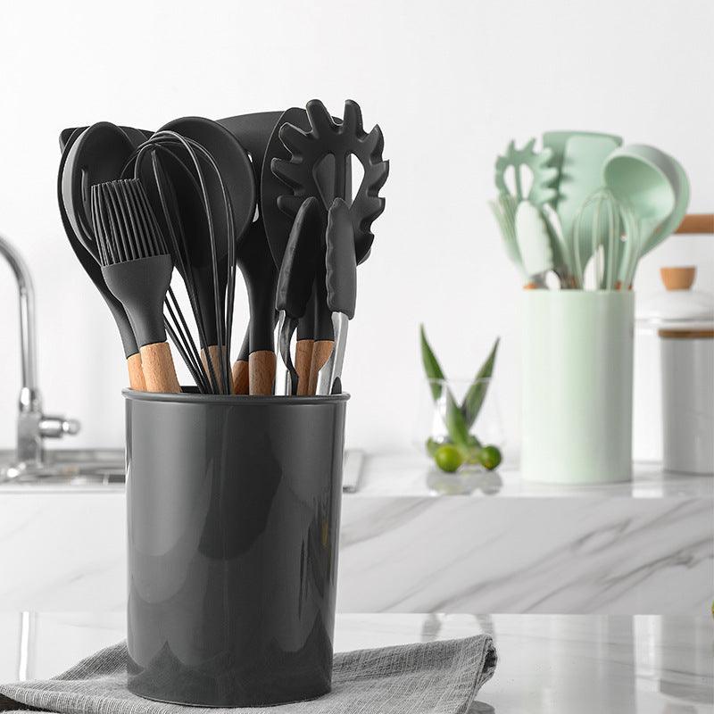 Ensemble d'Ustensiles de Cuisine en Silicone avec Manche en Bois, Ensemble de 12 Pièces