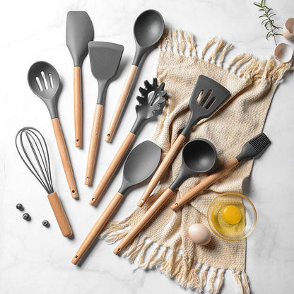 Ensemble d'Ustensiles de Cuisine en Silicone avec Manche en Bois, Ensemble de 12 Pièces