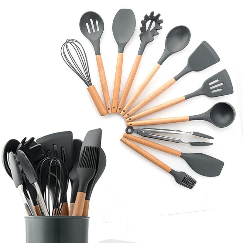 Ensemble d'Ustensiles de Cuisine en Silicone avec Manche en Bois, Ensemble de 12 Pièces