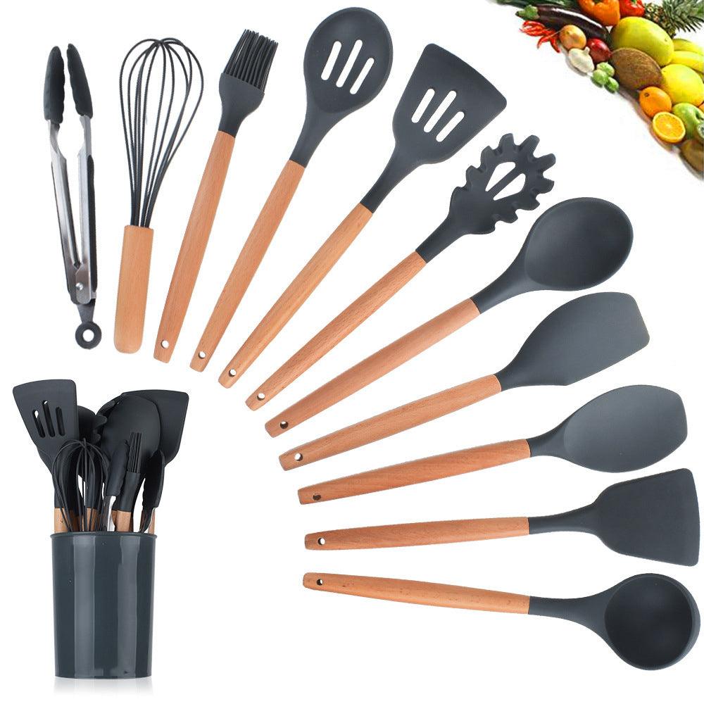 Ensemble d'Ustensiles de Cuisine en Silicone avec Manche en Bois, Ensemble de 12 Pièces