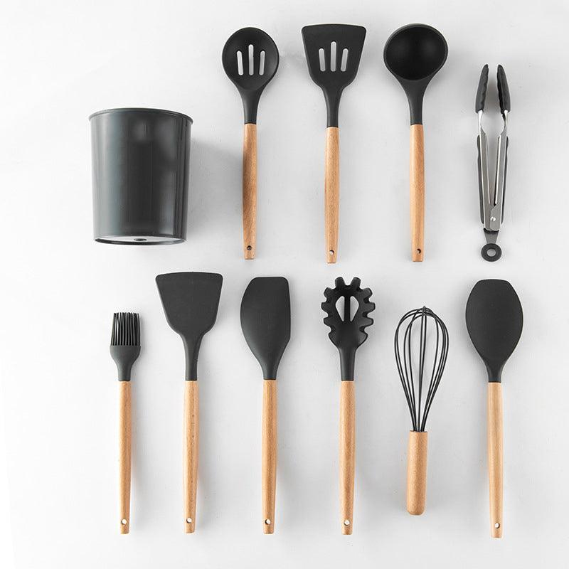 Ensemble d'Ustensiles de Cuisine en Silicone avec Manche en Bois, Ensemble de 12 Pièces