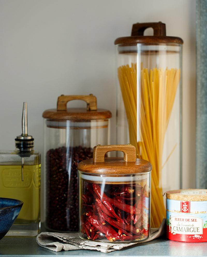 Ensemble de Récipients en Verre Borosilicaté avec Couvercles en Bois d'Acacia: Stockage Élégant et Polyvalent pour la Cuisine