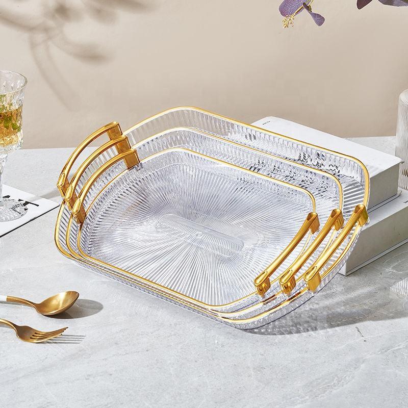 Ensemble de 3 Plateaux Transparent avec Rebords Dorés pour Servir Fruits, Thé et Collations"