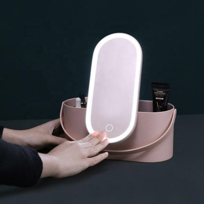 Miroir de Maquillage Portable avec Boîte de Rangement Cosmétique