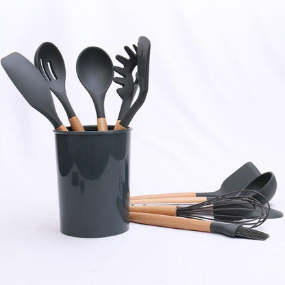 Ensemble d'Ustensiles de Cuisine en Silicone avec Manche en Bois, Ensemble de 12 Pièces