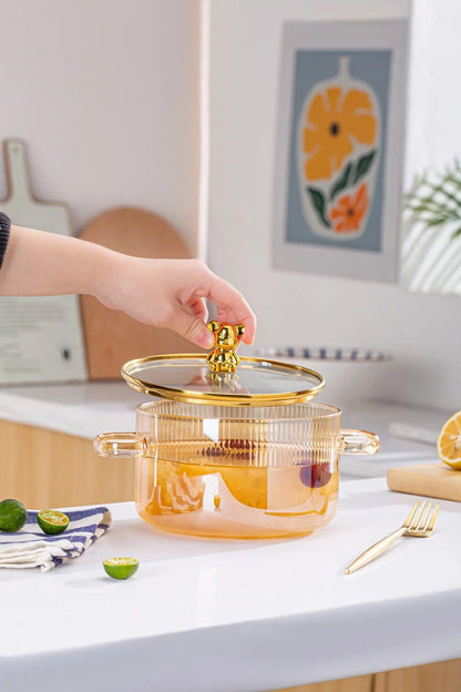 Casserole en Verre avec Couvercle et Poignée Dorée