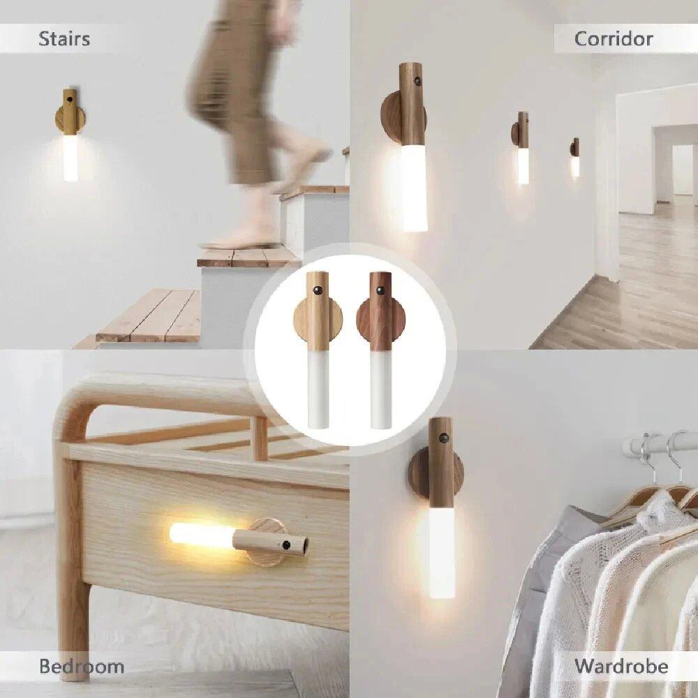 Applique Murale LED Intelligente sans Fil, Capteur de Mouvement, Bâton en Bois